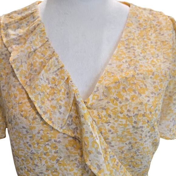 Skies Are Blue Floral Wrap Blouse Flutter Sleeve Sz S Cottage Core Femme - Picture 2 of 11